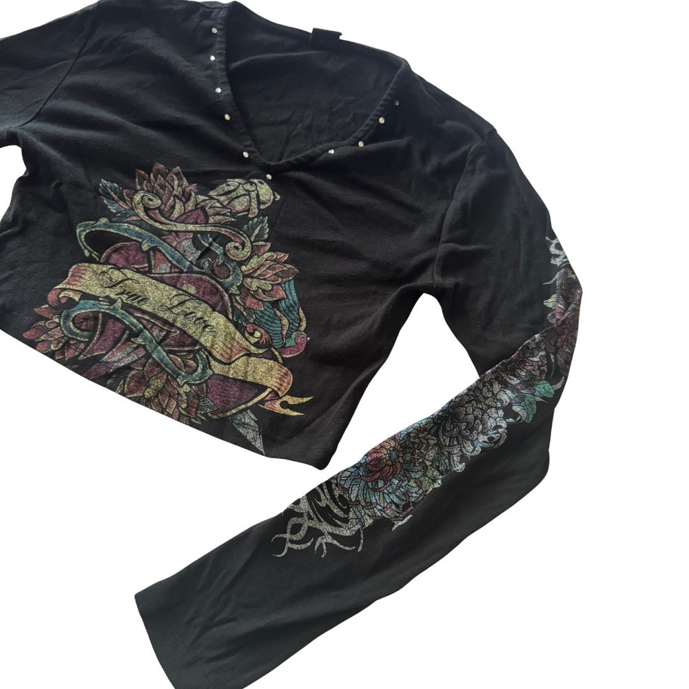 Urban Outfitters Tattoo Graphic Crop Top Size S Black V-Neck Y2K Rhinestone Goth